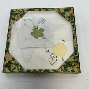 2 Vintage Embroidered Handkerchiefs Floral Applique Cotton Ladies Hankies